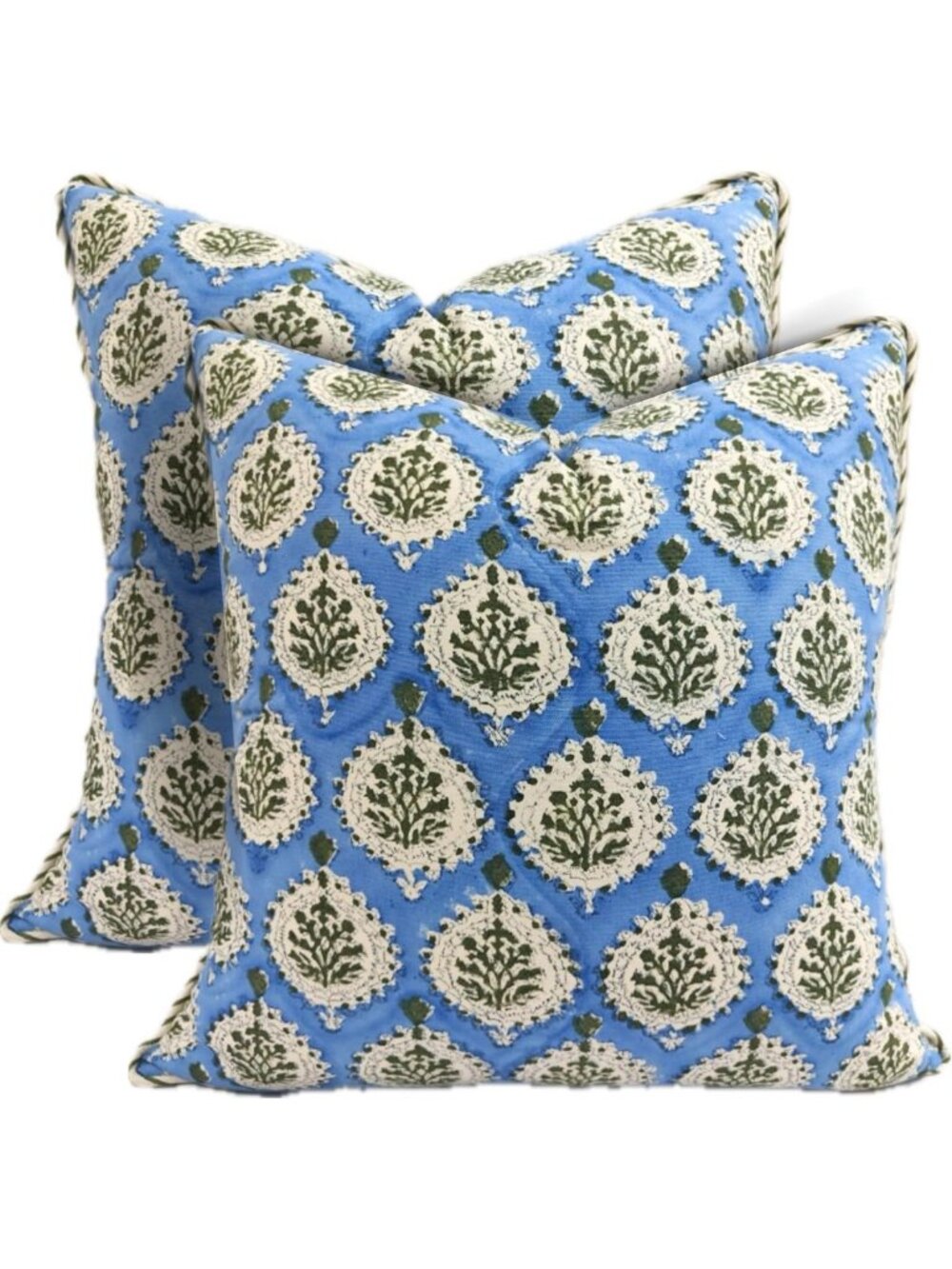 Set of 2 Cotton Blockprint Throw Pillow Covers, Blue 20x20 Decorative Cushions